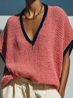Pull décontracté pour femme, nouveau modèle, col en V, tricot ajouré, manches chauve-souris amples, fin, respirant, ajusté, polyvalent (100% Polyester, personnalisable)