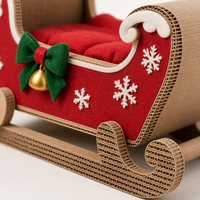 Lit pour chat en carton ondulé en forme de traîneau du Père Noël, griffoir de Noël, maison pour animaux avec coussin rouge