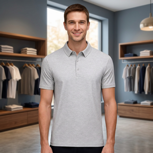 เสื้อโปโลแขนสั้นสีเทาสำหรับผู้ชาย ผ้าฝ้าย 100% ผ้าปิเก้ถัก ระบายอากาศได้ดี ดีไซน์เรียบง่าย ติดกระดุมด้านหน้า ทรงปกติ - Product Image 3
