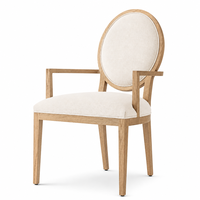 Fauteuil de salle à manger rembourré de style français moderne avec dossier ovale rond, structure en chêne blanc américain massif, accoudoirs ouverts pour salles à manger domestiques