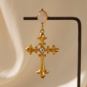 Luxury Stainless Steel Cross Drop Earrings for Women Retro Natural Stone Inlaid Stud Earrings Opal Fashion <strong>High</strong>-<strong>End</strong> <strong>Jewelry</strong> - Product Image 4