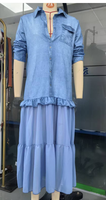 Robe longue décontractée pour femme en jean, avec haut chemise en maille transparente superposée et bord à volants en mousseline, manches longues, personnalisation en gros