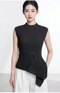 PY 2026 Lightweight Breathable Miyake Pleated <b>Asymmetrical</b> Sleeveless Tank <b>Tops</b> Summer 100% Polyester Quick Dry Women Bulk - Product Image 5
