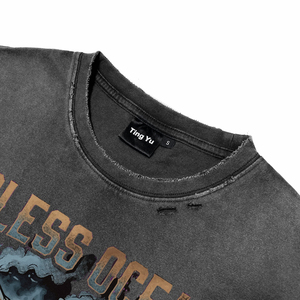 OEM ODM <b>Men's</b> Acid Wash Distress 100% Cotton Breathable T-Shirt Oversized Short Sleeve O-Neck Casual Tees with Front Panel Print - Product Image 3
