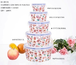 Ensemble de 5 récipients de conservation alimentaire avec couvercle, design pâtissier imprimé, 250 ml, 570 ml, 950 ml, 1,5 L, 2,5 L, en plastique rond - Product Image 1