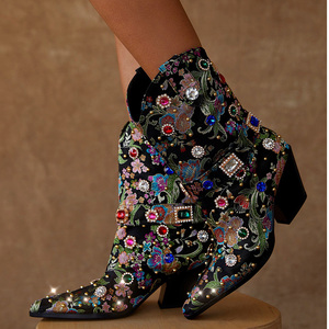 Stivaletti da donna con tacco alto a punta stile 2023 di lusso in oro nuovo strass in stile nazionale - Product Image 3