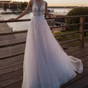 Lorie — robe de mariée princesse en Tulle rose clair, vêtement style Boho, sans manches, ligne a, avec appliques, en dentelle