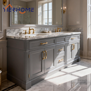 Mueble <span class=keywords><strong>de</strong></span> Baño <span class=keywords><strong>de</strong></span> Madera Maciza Personalizado <span class=keywords><strong>con</strong></span> <span class=keywords><strong>Lavabo</strong></span> Doble, Encimera <span class=keywords><strong>de</strong></span> Mármol, <span class=keywords><strong>Lavabo</strong></span> Cerámico Empotrado y Dos Grifos - Product Image 4