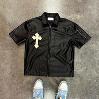 Veste en cuir PU à fermeture éclair de haute qualité pour homme, style streetwear, avec patchs personnalisés, broderie de logo, manches courtes, pour homme