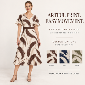 OEM Maßgeschneidertes Damen-Kakao-Abstrakt-Midikleid <span class=keywords><strong>mit</strong></span> malerischem Bogenflügel-Volant, kontrastierendem Gürtel, kreativem Studio-Signatur-Design und Eigenmarke - Product Image 1