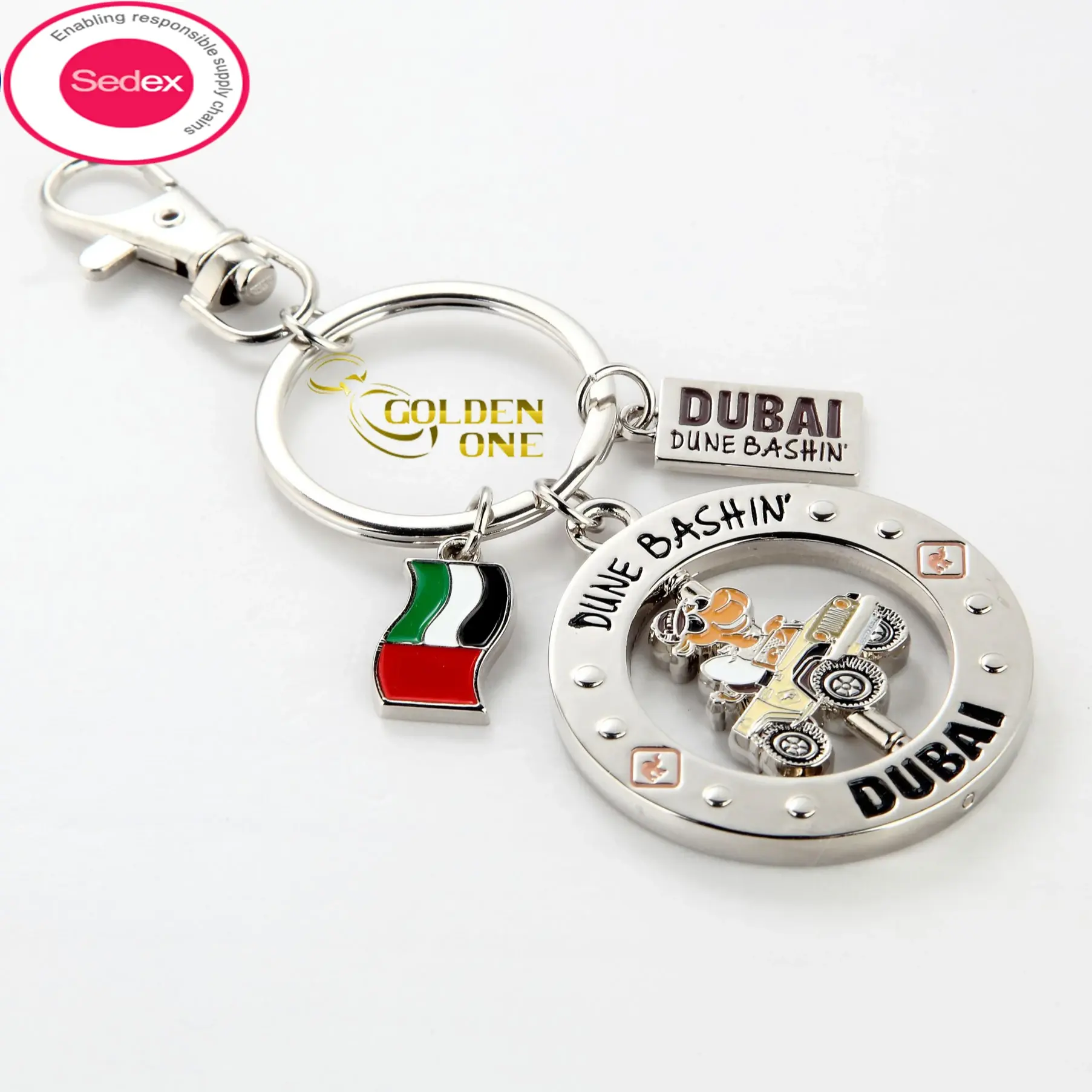 Factory Supply Custom Nickel Metal Zinc Alloy Round Soft Hard Enamel Cut Out Flat Car Camel Dubai Letters Landmark Keychain