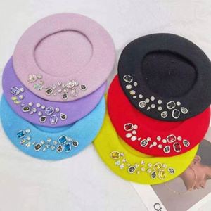 Boinas de Moda Otoño Invierno 2024 para Mujer, Boina de Lana 100% con Diamantes de Imitación, Boina de Punto Sólida Estilo Pintor - Product Image 3