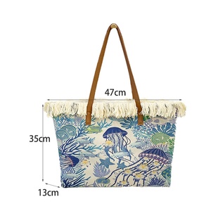 <span class=keywords><strong>Sac</strong></span> à bandoulière grande capacité pour femme, motif marin imprimé, avec deux sangles, en toile, style rétro, à pompons, fermeture éclair, pour la <span class=keywords><strong>plage</strong></span> et les voyages, collection Printemps-Été - Product Image 4