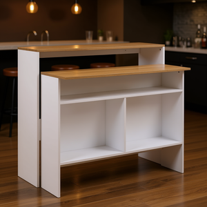 Mesa de bar de madera de ingeniería blanca y roble de 51.2x15.7x47.2 pulgadas en forma de L, diseño moderno y minimalista para uso comercial - Product Image 2