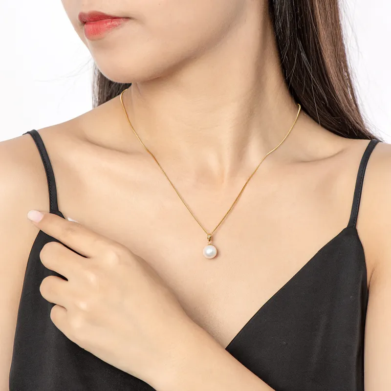 Alta calidad con cadena de plata 925 18K Oro sólido 9-10mm Collar con colgante de perla blanca de agua dulce