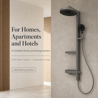 Système de douche pluie gris anthracite en acier inoxydable avec douchette à main, étagère de rangement intégrée, colonne de douche murale pour usage hôtelier