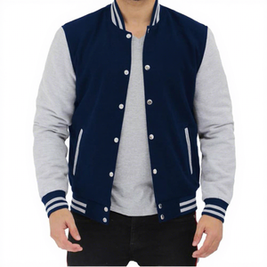 Veste universitaire en toile bleu marine pour homme Global Apparel, manches grises, fermeture boutonnée, respirante, antibactérienne, logo personnalisé imprimé - Product Image 3