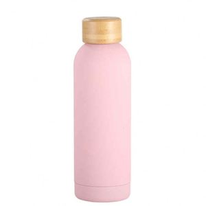 <b>Pink</b> Stainless Steel Vacuum Water <b>Bottle</b> With Wooden Lid Minimalist Design Travel Insulated Tumbler - Product Image 1