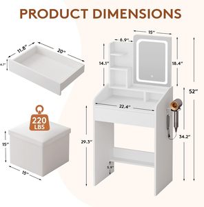 SENYU Small <b>Vanity</b> Set with <b>Lighted</b> Mirror & Power Station Modern White <b>Makeup</b> Desk with Storage Stool &Hair Dryer Rack - Product Image 4