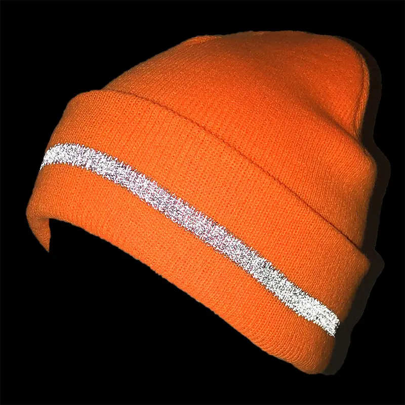 Toko Pabrik Rajutan Beanie Reflektif Tinggi Vis Kuning Reflektif Stripe Beanie Topi untuk Dewasa