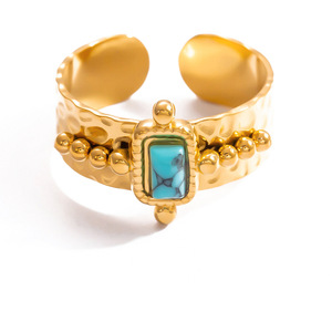 Bagues tendance en acier inoxydable plaqué or 18 carats avec incrustation de pierres naturelles, motif floral géométrique, bijoux unisexes, cadeau - Product Image 5