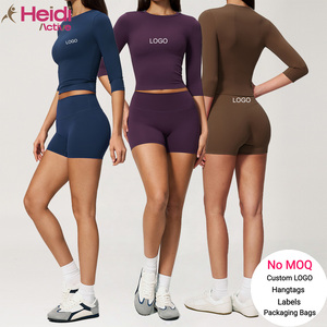 Nouvel ensemble de yoga personnalisé avec logo pour femmes, coupe ajustée, taille révélée, manches mi-longues, adapté pour le fitness en plein air, la course à pied et les sports - Product Image 1