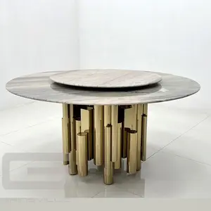 金色不锈钢底座圆形餐桌套装4把椅子现代旋转大理石豪华圆桌