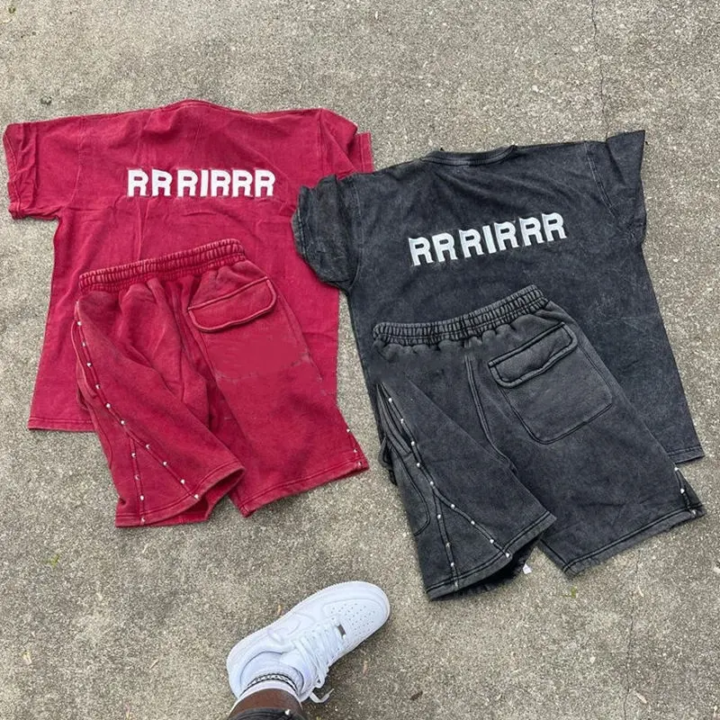 Herren Acid-Wash-Short-Set individueller Sommer französisches Terry-Baumwolle zweiteiliges einfarbiges Distressed Sweat-Set Herren Short und T-Shirt-Set