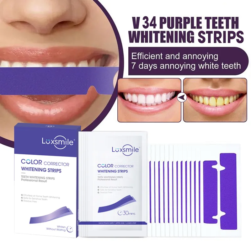 Huaer Custom Logo Advanced 5D 3D V34 Purple 28 Pcs Non Peroxide Product Bleaching Teeth Stains Whitening Strips Teeth From China