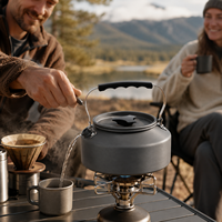 Bouilloire de camping en aluminium anodisé dur, théière et cafetière portables pour l'extérieur, poignée en silicone pliable résistante à la chaleur, chauffage rapide