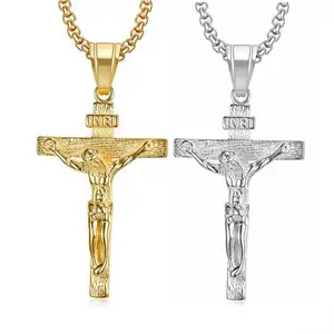 Christian Jewelry Mens in acciaio inossidabile placcato oro ciondolo Croix Jesus collana croce