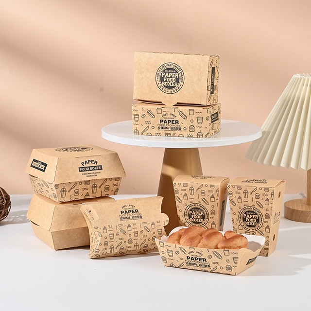 High Quality Custom Brand Design Fast Hamburger Takeaway Food Packaging Pillow Shawarma Clamshell Paper Burger Box