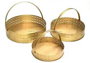 Metal <b>Baskets</b> Round Golden Color With Handle Set Of 3 <b>For</b> Gifting <b>Hampers</b> And Storage Handcrafted Luxury Gift <b>Baskets</b> - Product Image 3