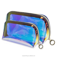 Pochette de rangement cosmétique de voyage en gros, forme coquillage irisée, sac de maquillage holographique étanche avec fermeture éclair pour femmes en voyage en extérieur