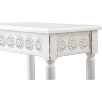 Table console en bois sculpté artisanal, style rustique, design rétro blanc, inspiration campagne française et européenne, pour décoration de ferme.