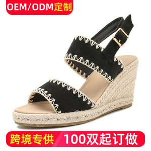 Sandalias de cuña con punta abierta, de gamuza, con correa trasera y cierre de hebilla, suela de paja, transpirables, para mujer, de verano - Product Image 5