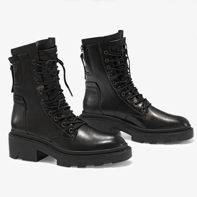 Winters tiefel Echtes Leder Western Black Schnürung Low Heel Fashion Damen Stiefeletten für Damen