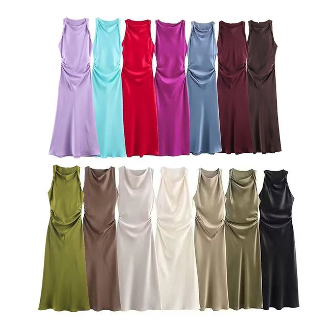 MYST&ZA Women's 2024 Spring and Summer New Elegant Solid Color Temperament Slim Silk Satin Texture Midi Dress 8372090