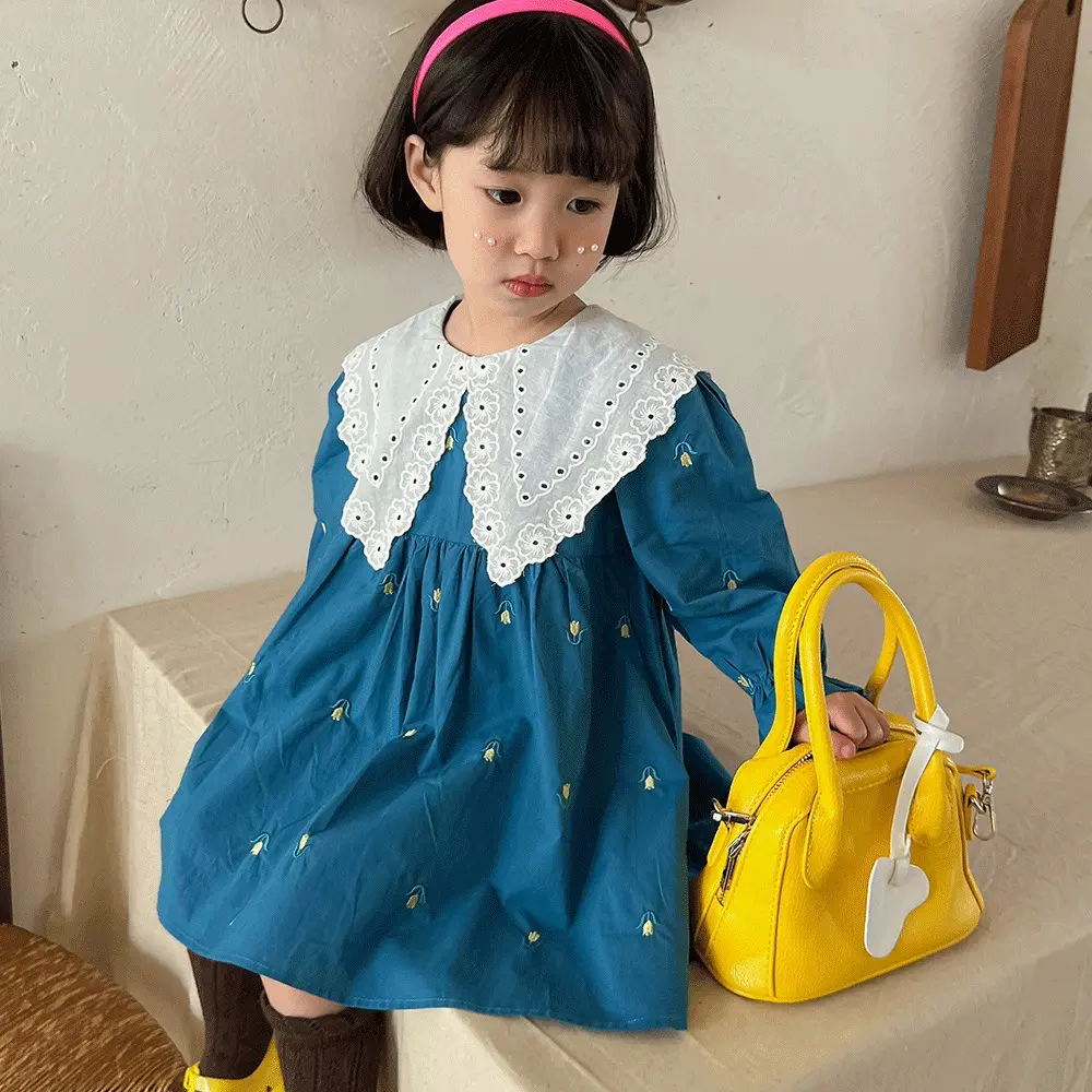 Design Customized children's clothing 2022 spring new girls baby blue embroidery collar dress girls floral princess dress