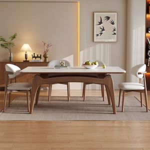 Set da Pranzo Moderno Nordico in Legno Massello <span class=keywords><strong>Bianco</strong></span> Opaco e Color Noce, Include Piano in Pietra e Sedie in Frassino Naturale - Product Image 6