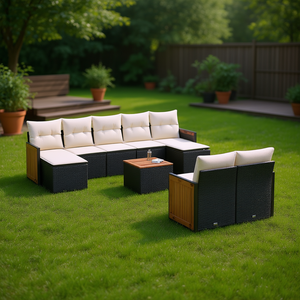 Conjunto de Sofás de Jardín de Ratán Moderno para Exteriores con Detalles de Madera de Teca, 6 Plazas, Muebles de Patio Resistentes a la Intemperie - Product Image 2