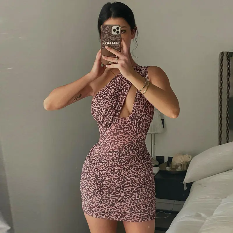 Leopard Print One Shoulder Dress Women Summer Sleeveless Mini Dresses Ladies Sexy Mesh High Waist Hollow Out