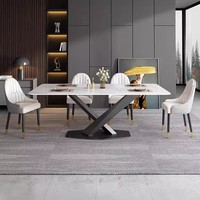 Ensemble de table à manger en dalle de roche blanche avec 6 chaises, banquet, mariage, famille, salon, style moderne en acier inoxydable, meubles