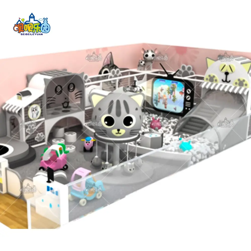 다채로운 귀여운 고양이 테마 파크 실내 놀이터 장비 패션 디자인 놀이 슬라이드 어린이 놀이 공간