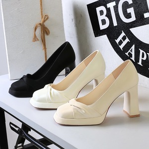 Womens Beige Block Heel <b>Pumps</b> Platform Square Toe High Heels on Formal Shoes for Office Party Wedding With Comfort Ins - Product Image 4