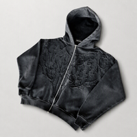 Sweat à capuche zippé personnalisé en molleton bouclette 460 GSM pour homme, 100 % coton, délavé à l'acide, avec appliqué, coupe carrée, court, oversize, style vintage streetwear, OEM ODM