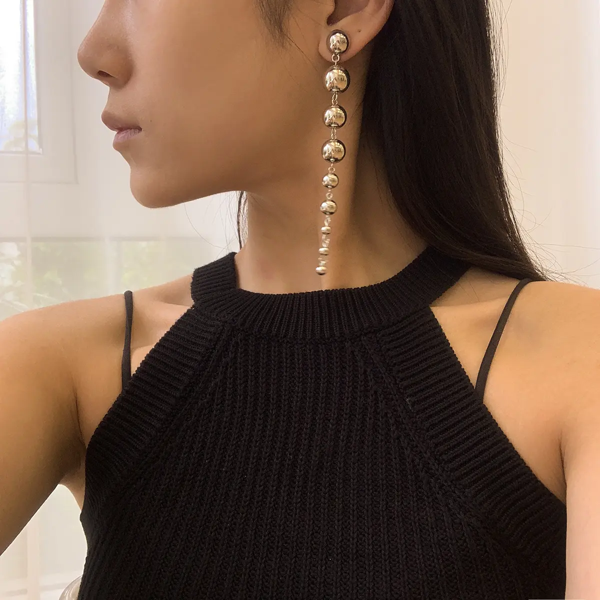 Fashion Jewelry Women's Personality Geometric Size Beads Long Earrings Metal Beaded Earrings