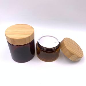 Pot cosmétique personnalisé avec logo, 250 ml, en PET transparent givré ambré, pour gommage corporel, crème au beurre de karité, crème pour le visage, avec couvercle en bambou - Product Image 1