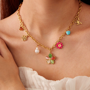 Cadena de eslabones de acero inoxidable multicolor de estilo euroamericano para mujer, patrón de número de aceite de goteo, regalo de clavícula de moda - Product Image 1