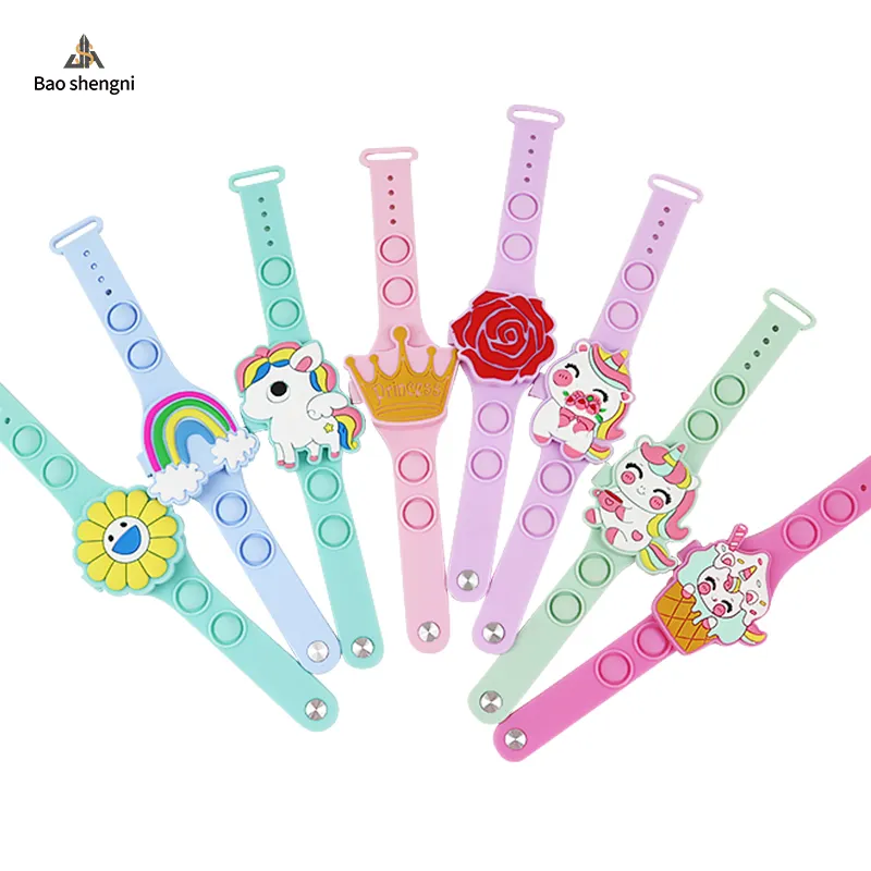 JHS ODM Custom Silicone Kids Toy Watch Unicorn Squeeze Bubbles Waterproof LED Kids Cartoon Watch Children Toy Watches For Kids